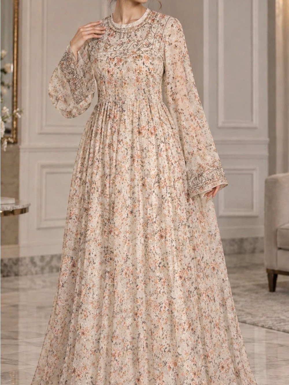 H&M Cream Floral Long Sleeve Maxi Dress